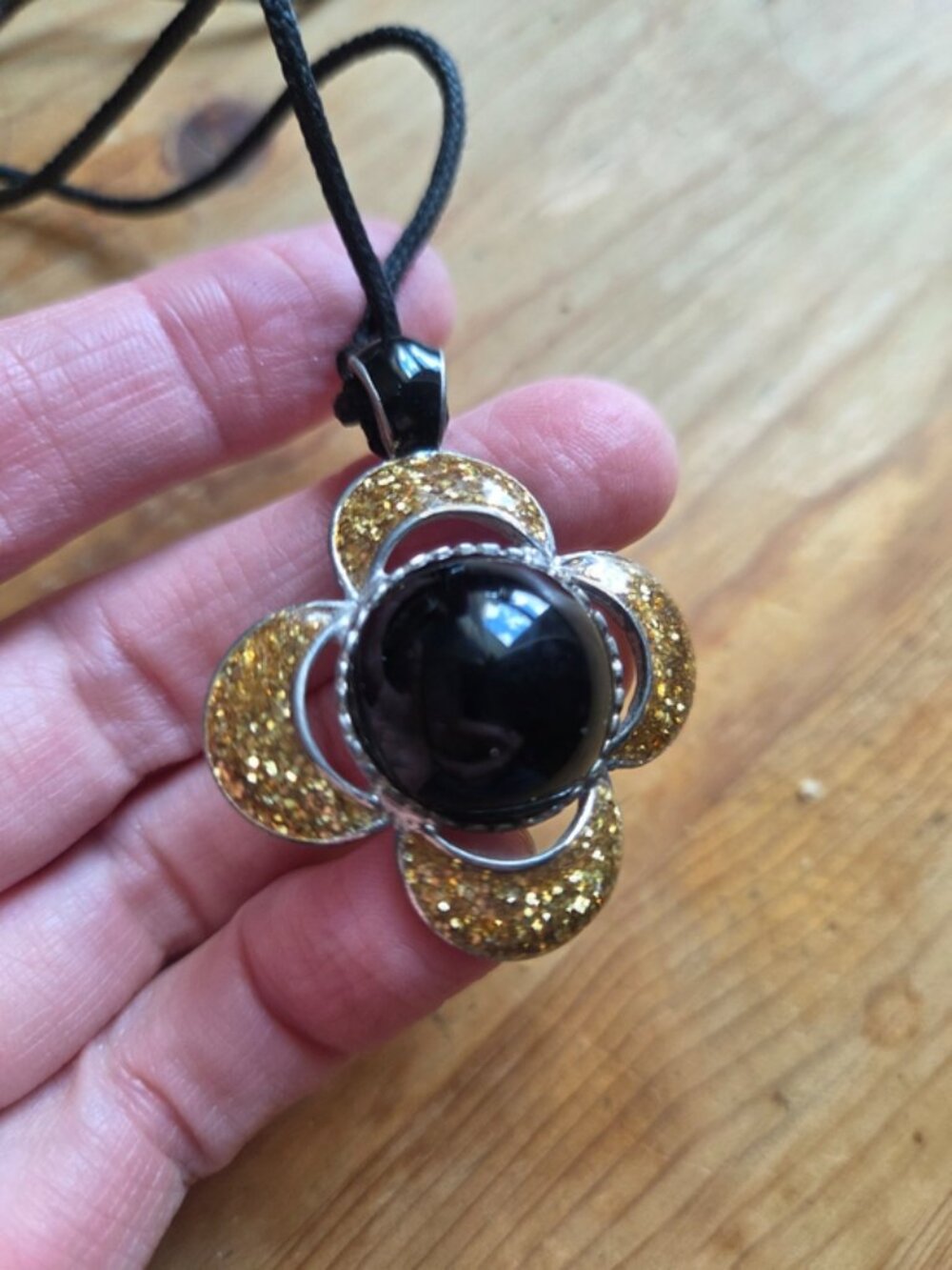 Y2K Flower Glitter Pendant Black Long Cord Statement Necklace OS